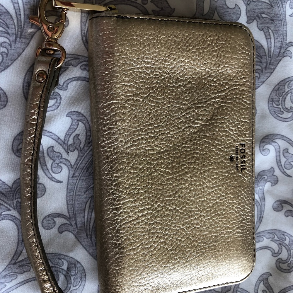 Fossil gold glitter leather wallet and wristlet